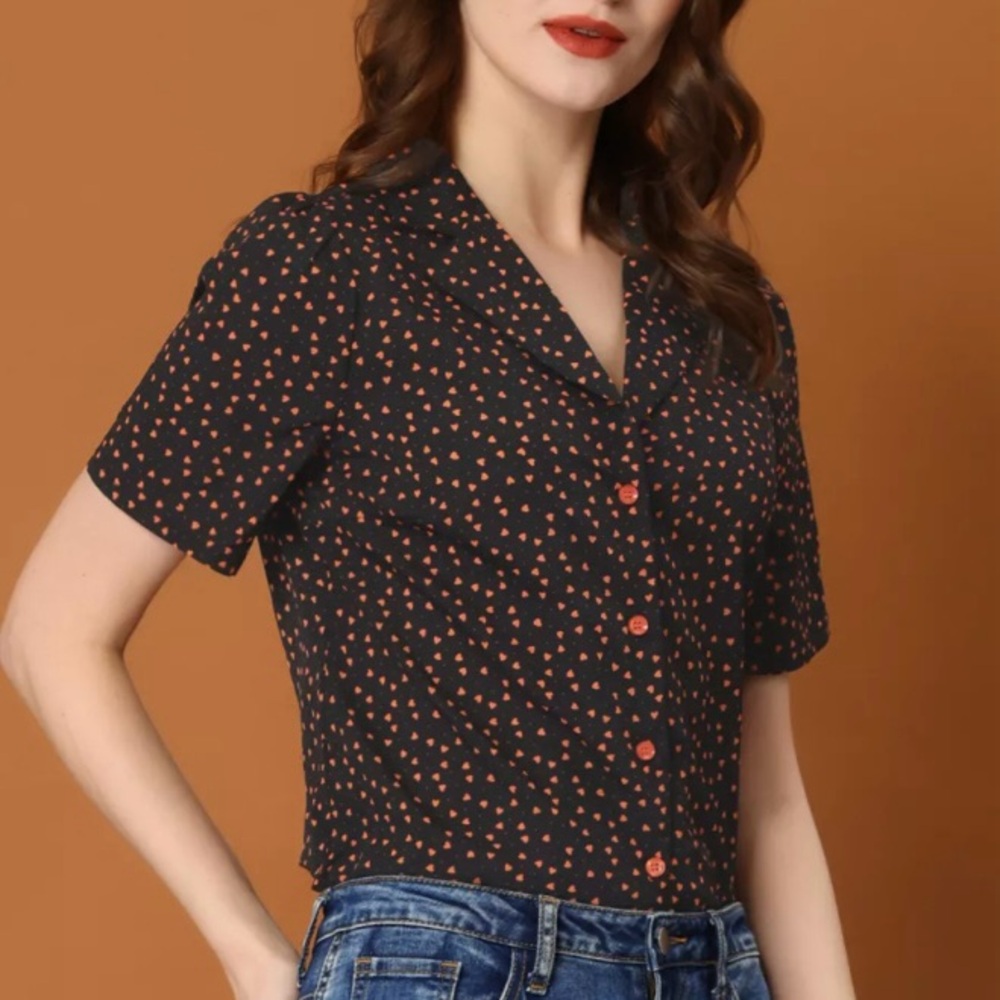 Women's Polka Dots V Neck Short Sleeve Button Down Vintage Blouse